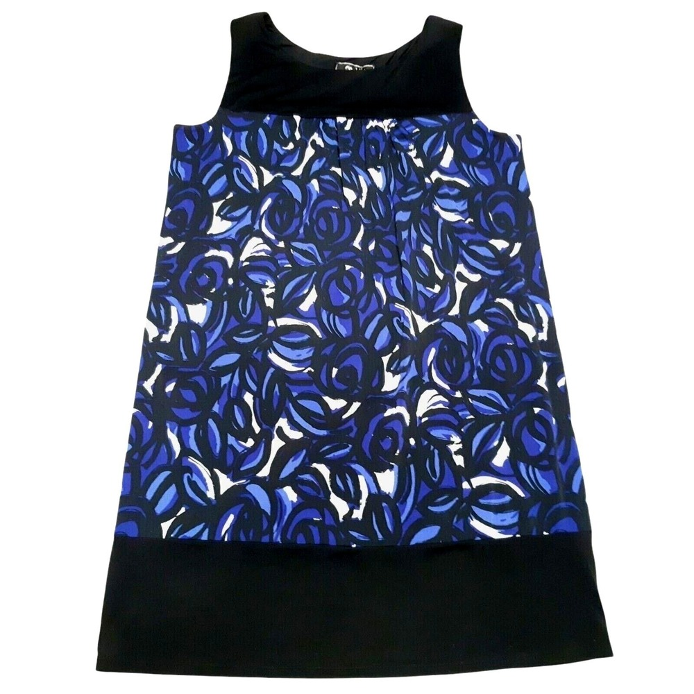 Lily Dress Floral Womens Medium Blue Black Abstract Shift Sleeveless Stretch